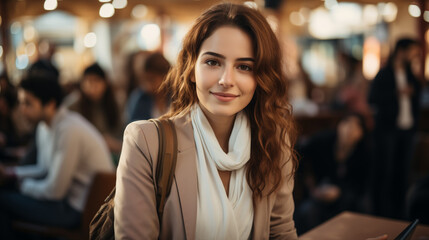 Portrait d'une étudiante souriant lors d'une conférence ou assemblée d'entreprise ou d'une formation - obrazy, fototapety, plakaty