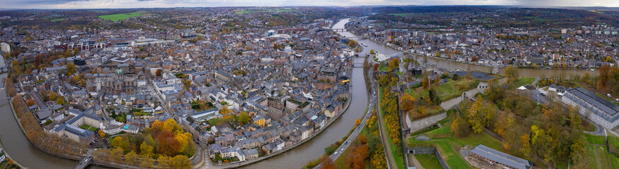 Aerial around the city Namur in Belgium on a sunny afternoon in later fall.