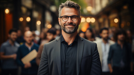 Portrait d'un cadre expérimenté, consultant senior ou manageur souriant lors d'une conférence, d'un afterwork, d'une assemblée d'entreprise ou d'une formation à l'extérieur