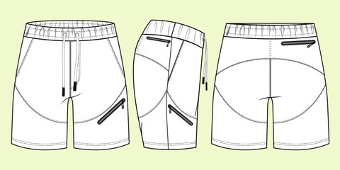 Performance Running Activewear Shorts- Shorts technical fashion illustration. Flat apparel shorts template front, back and side view sketch.
