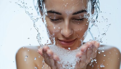 Woman with splashes of water in her hands on white background.