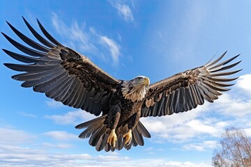 Fototapeta premium Create a realistic image of an eagle in flight, seen from below, with blue sky around.