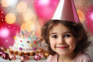Fototapeta na wymiar happy birthday girl on the background of cake and balloons