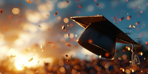 Graduation hat and confetti on blue sky background. Mixed media