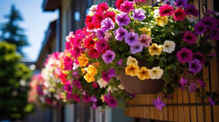 Fototapeta na wymiar Different colorful flowers in hanging baskets in West Seattle, Washington.