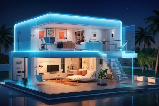 Photo of a futuristic smart home with automated lighting. Generative AI