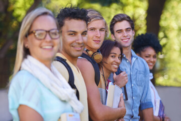 College, diversity and portrait in the park with students on campus to study together with happiness. University, academy and people with support in education or friends smile in garden after class