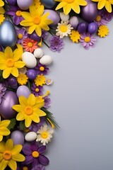 Easter banner with multicolored eggs, purple daisies and yellow daffodils close up, with empty copy space Generative AI