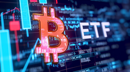 Novel Bitcoin ETF: Modern Digital Investment Strategy in Financial Markets, Cryptocurrency ETF Focus, Prominent Bitcoin Symbol in Finance World - obrazy, fototapety, plakaty