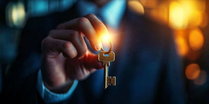 Close up of businessman holding key in hand. Real estate and property concept