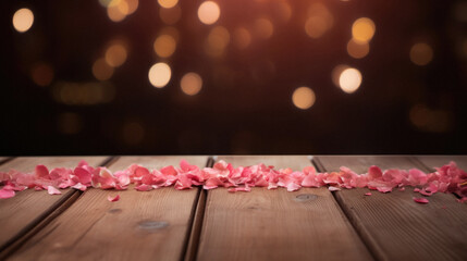 Wooden table with pink rose petals on bokeh background. - obrazy, fototapety, plakaty
