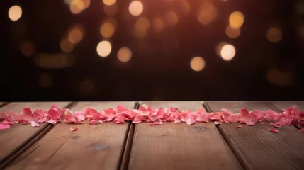 Poster Wooden table with pink rose petals on bokeh background. © Synthetica