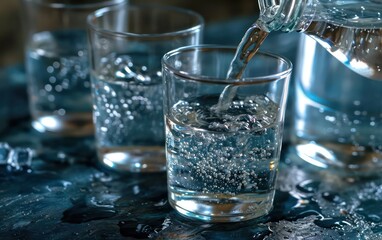 Refreshing water being poured into a glass, a perfect way to quench your thirst on a hot summer vacation. - obrazy, fototapety, plakaty