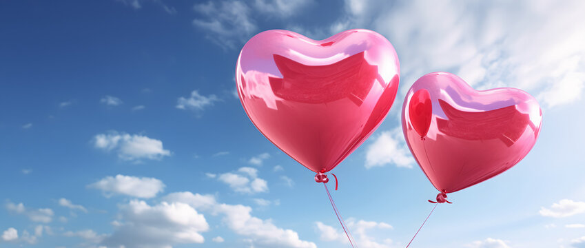 A pair of oversized red heart balloons soaring in the air, symbolizing the spirit of love and friendship.