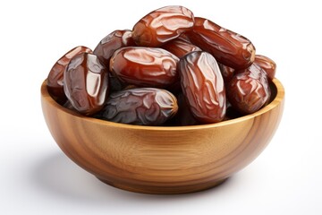 Dates fruit in wooden bowl isolated on white background. Clipping path