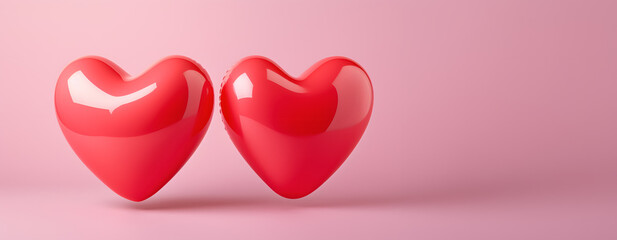 2 big red heart shaped balloons floating on the day of love and friendship on a pink background