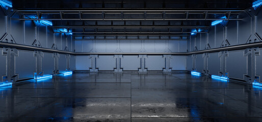 Showroom. Blue LED lights. Concrete. Garage. Futuristic corridor. Hangar. Concrete hangar for your design illuminated by floodlights. Futuristic background. Futuristic podium. 3D rendering - obrazy, fototapety, plakaty