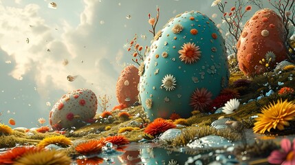 Blue egg adorned with delicate flowers