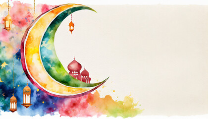 Naklejka premium Illustration of symbol of Ramadan, watercolor art style, copyspace on a side