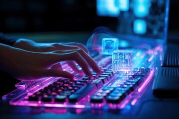 Photo of a person coding on a futuristic holographic keyboard. Generative AI