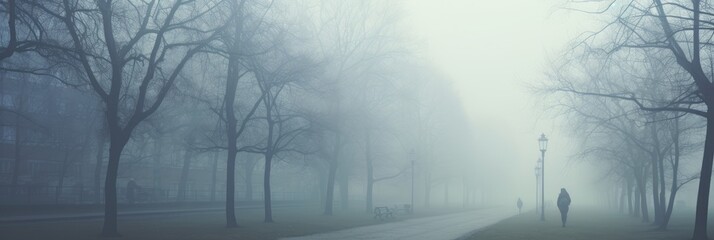 In the foggy greenway around the city, pedestrians walk in the fog