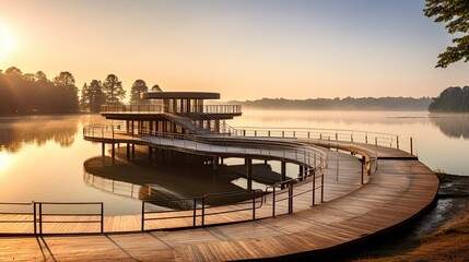 Lake viewing platform, wake up in the morning: In the early morning, the sun shines on the lake,