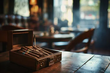 Türaufkleber Box of cuban cigars on wooden table, atmospheric light. Generative AI © marcin jucha