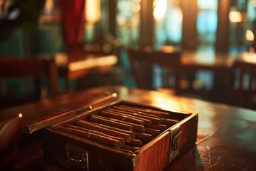 Photo sur Plexiglas Havana Box of cuban cigars on wooden table, atmospheric light. Generative AI
