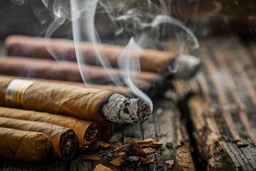 Cuban cigar with smoke, close up view with details, atmospheric light and background. generative AI - obrazy, fototapety, plakaty