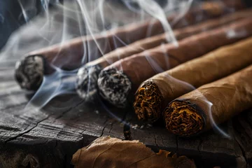 Fotobehang Cuban cigar with smoke, close up view with details, atmospheric light and background. generative AI © marcin jucha