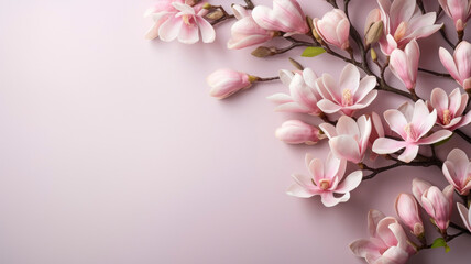magnolia flowers branches on a background for copy space top view floral arrangement on a pink...