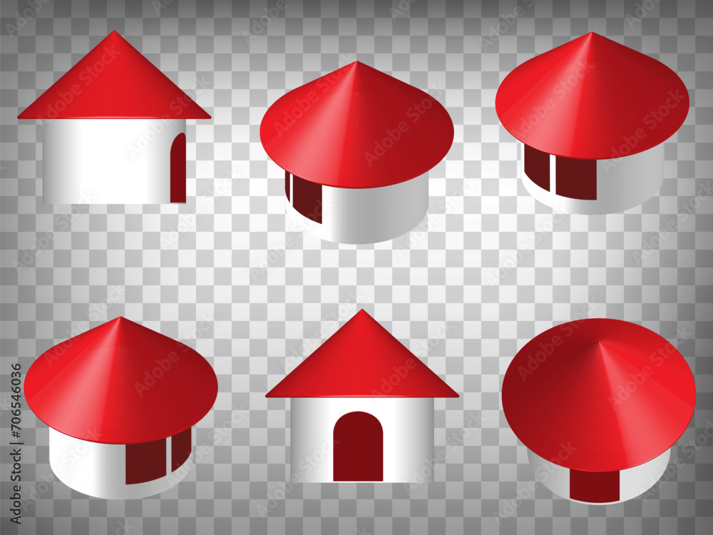 Fototapete set of abstract 3d round house icons. 3d house model with red roof and windows. house 3d icon illust