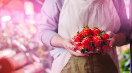 Worker hold fresh strawberries in box, harvesting vertical hydroponic farm in greenhouse plants, led violet lights. Concept banner modern industry agriculture in winter country