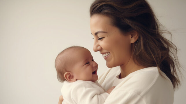 happy mother hugging newborn baby smiling wide smile with teeth, on light neutral background