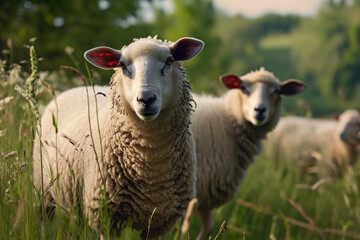 Obraz premium Happy sheep roaming free on farm meadow. Farm animal welfare and care. Generative Ai