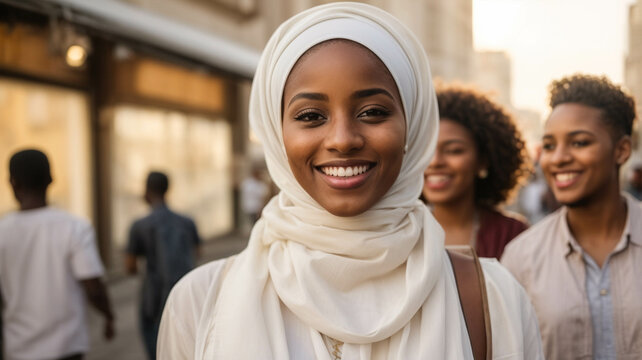 Fototapeta Beautiful charming young Middle Eastern Muslim woman wearing a hijab posing on the streets of a city at sunset looking very happy with hope and peaceful mind