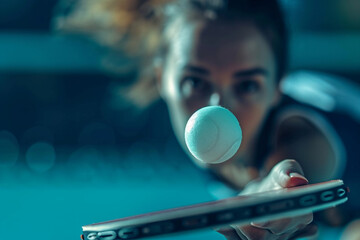 Close-up of a player's swift paddle movement as they perform a strategic backhand spin shot, eyes locked on the bouncing ball. - obrazy, fototapety, plakaty