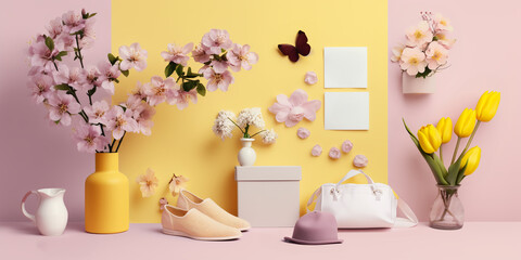 demonstration of things, product, on a spring background with flowers in pink and yellow tones
