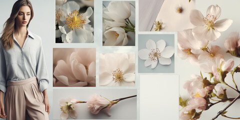 spring background, collage with a beautiful girl and flowers in soft pastel colors
