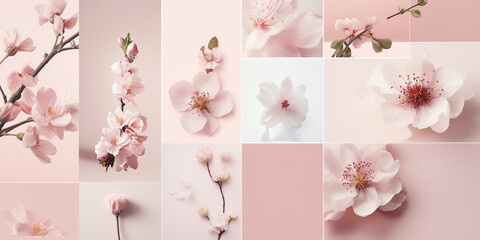 delicate spring collage with blooming flowers in white and pink tones, for product presentation, wallpaper, background
