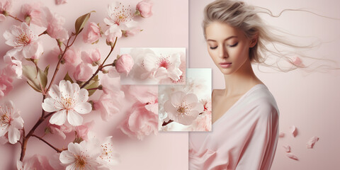 spring collage in soft pink tones with blossoming cherry branches and a portrait of a beautiful blonde in profile, desktop wallpaper