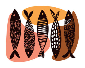 Set of abstract and modern sardines colorful. Vector hand-drawn illustration