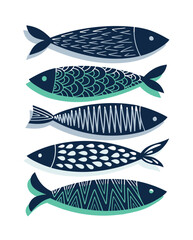 Set of abstract and modern sardines. Vector hand-drawn illustration