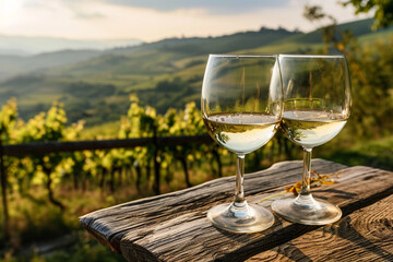 Two glasses of white wine served on wooden plank, Tuscany vineyards in background --ar 3:2...