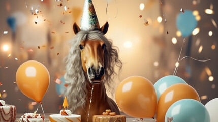 a horse with a mane in a festive cap among confetti and balls