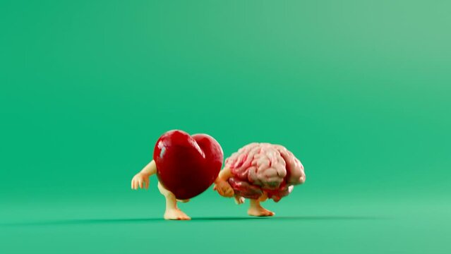 Cartoon animation with heart and brain characters running and holding hands.