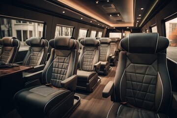 Fototapeta premium Interior of a modern luxury passenger car with black leather seats, welcoming transfer service3s concept