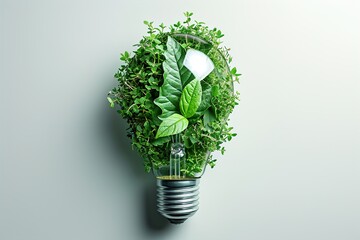 eco green light bulb with leaves inside, in the style of photo-realistic landscapes, global imagery, sustainable design, shaped canvas, highly detailed foliage, white background, generative ai - Powered by Adobe