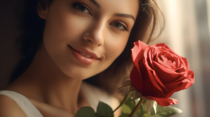 beautiful girl with a rose with a look of love on Valentine's Day