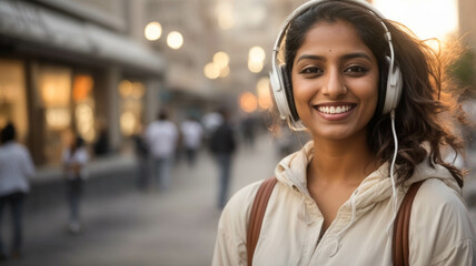 Beautiful and charming young Indian woman posing on the streets of a city at sunset, looking very happy with hope and calm mind while listening to music with headphones
